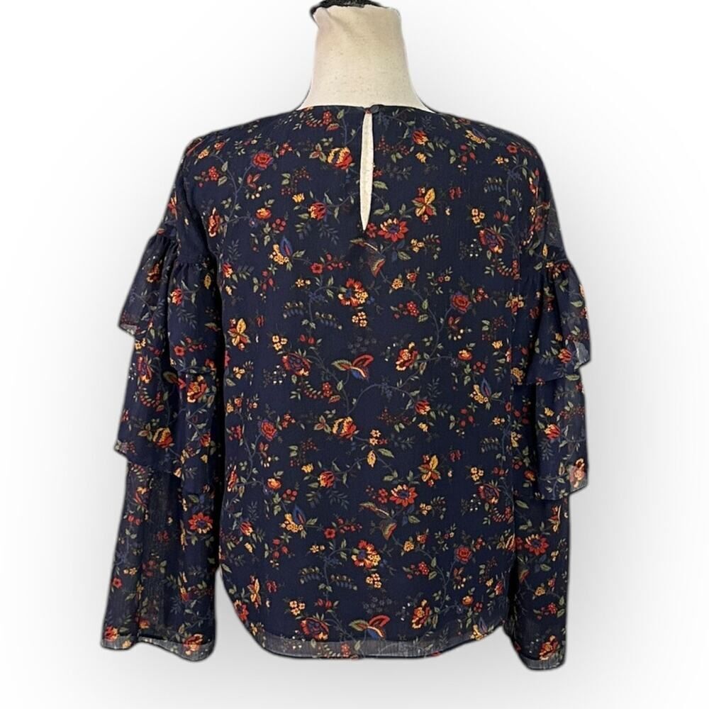 Madewell Ruffle-Sleeve Top Women's Small Navy Blue Floral Climbing Vine Blouse - Picture 5 of 13